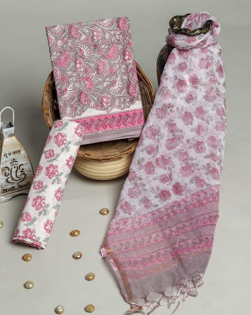 Exclusive Hand Block Print Cotton Suit Set with Kota Doria Dupatta (3CKD05)